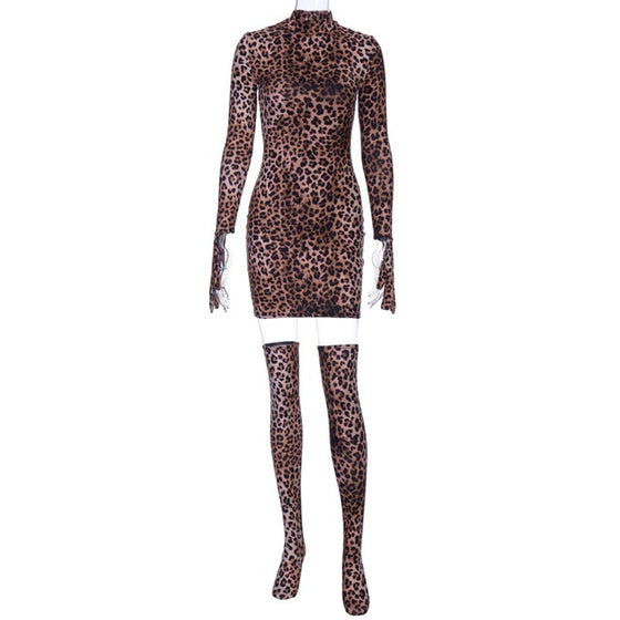Land of Nostalgia Women's Leopard Print Sexy Mini Dress with Gloves