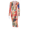 Land of Nostalgia Colorful Print  Long Sleeve Women's V-neck Midi Dress