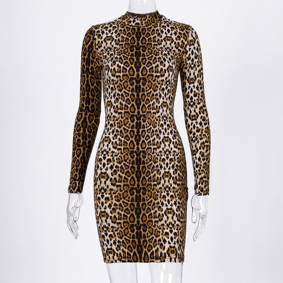 Land of Nostalgia Long Sleeve Leopard Print Women's Bodycon Sexy Dress