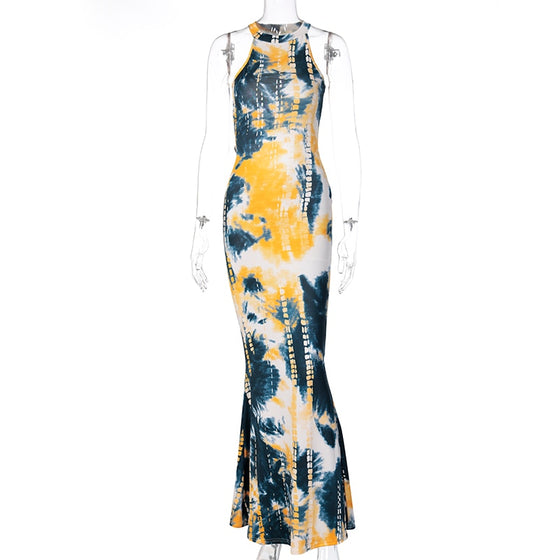 Land of Nostalgia Tie Dye Print Bodycon Women's Long Sleeveless Dress