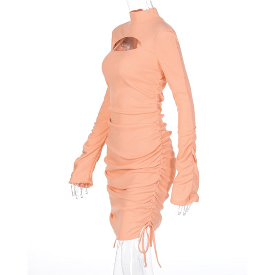 Land of Nostalgia Long Ruched Flare Sleeve Women's Hollow Out Bandage Slit Mini Dress