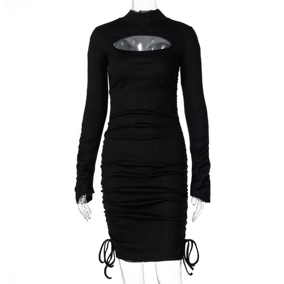 Land of Nostalgia Long Ruched Flare Sleeve Women's Hollow Out Bandage Slit Mini Dress