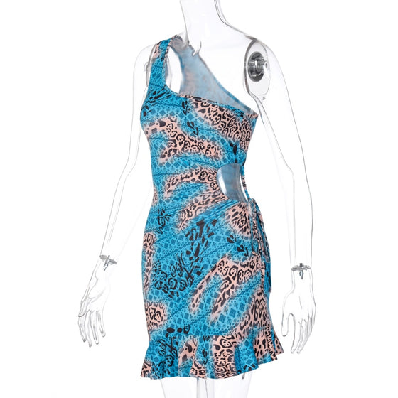 Land of Nostalgia Women's Cut-Out One-Shoulder Bandage Leopard Print Women's Mini Dress