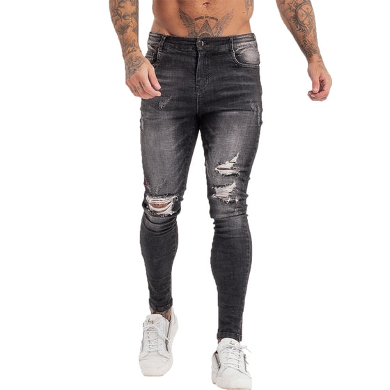 Land of Nostalgia Distressed Hip Hop Streetwear Ripped Pants Men's Super Skinny Slim Fit Jeans