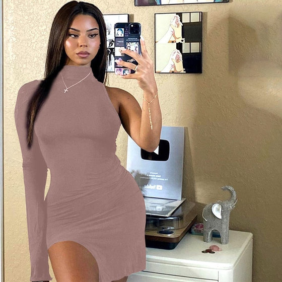 Land of Nostalgia One-Shoulder Women's Long Sleeve Slit Mini Dress