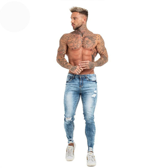 Land of Nostalgia Distressed Elastic Waist Men's Stretch Slim Fit Blue Ripped Jeans