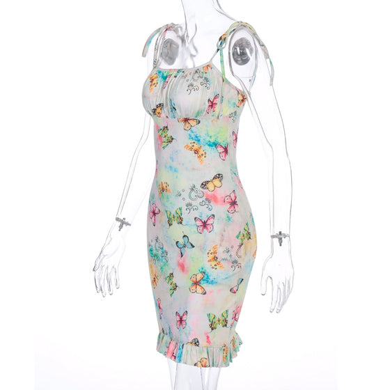 Land of Nostalgia Women's Sleeveless Butterfly Print Ruffles Bandage Mini Dress