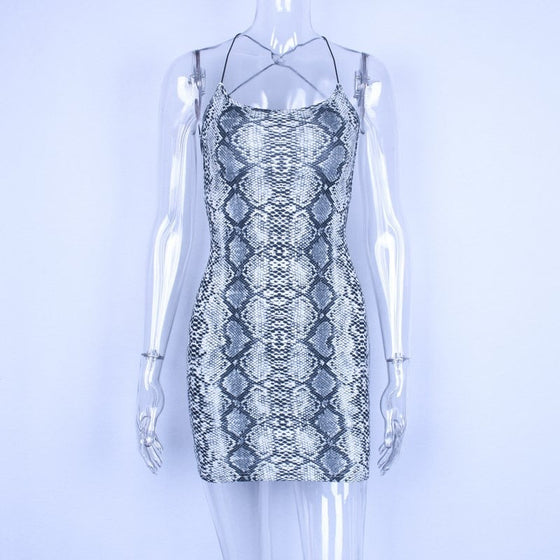 Land of Nostalgia Women's Sleek Snakeskin Backless Mini Dress (Ready to Ship)