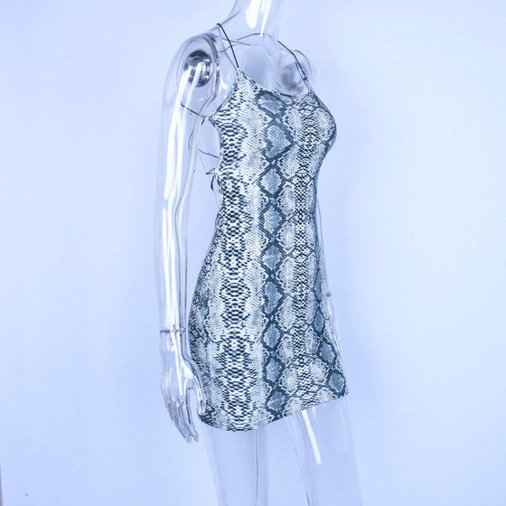 Land of Nostalgia Women's Sleek Snakeskin Backless Mini Dress (Ready to Ship)