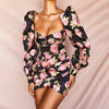 Land of Nostalgia Rose Floral Print Women's Long Puff Sleeve Ruched Mini Dress