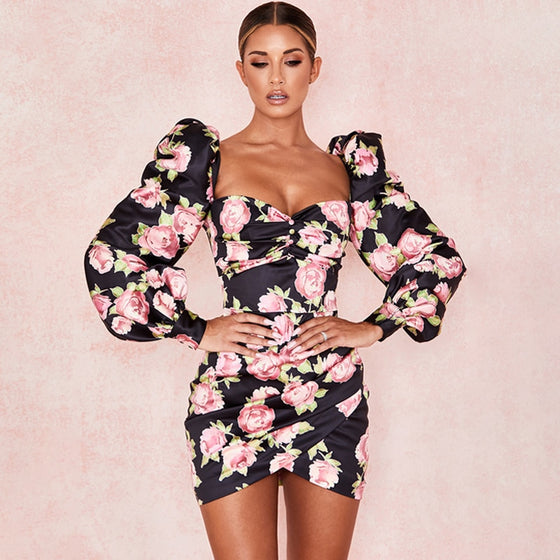 Land of Nostalgia Rose Floral Print Women's Long Puff Sleeve Ruched Mini Dress