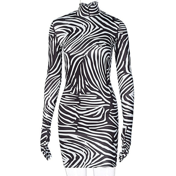 Land of Nostalgia Women's Long Sleeve with Gloves Mini Bodycon Zebra Print Dress (Ready to Ship)