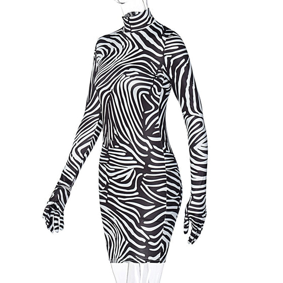 Land of Nostalgia Women's Long Sleeve with Gloves Mini Bodycon Zebra Print Dress (Ready to Ship)