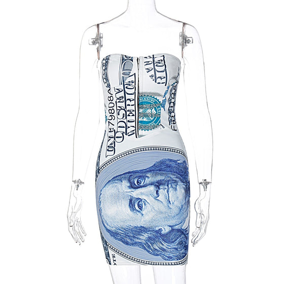 Land of Nostalgia Women's Sleeveless Money Print Mini Tube Dress