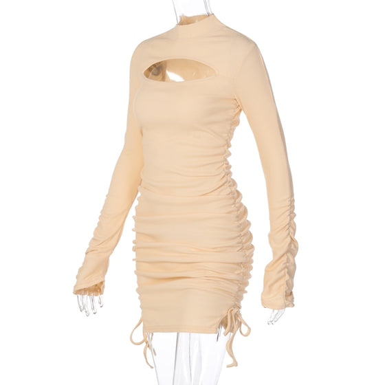 Land of Nostalgia Long Ruched Flare Sleeve Women's Hollow Out Bandage Slit Mini Dress