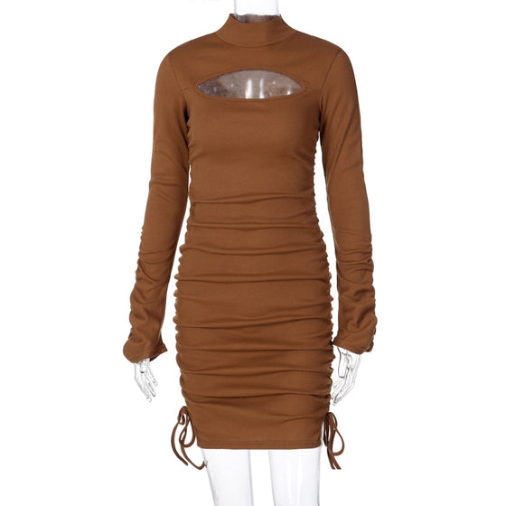 Land of Nostalgia Long Ruched Flare Sleeve Women's Hollow Out Bandage Slit Mini Dress