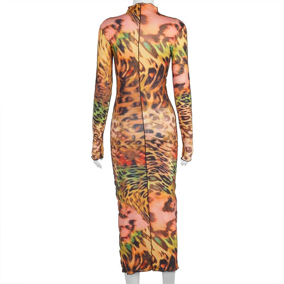 Land of Nostalgia Long Sleeve Leopard Print Women's Bodycon Sexy Maxi Dress