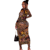 Land of Nostalgia Long Sleeve Leopard Print Women's Bodycon Sexy Maxi Dress