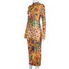 Land of Nostalgia Long Sleeve Leopard Print Women's Bodycon Sexy Maxi Dress