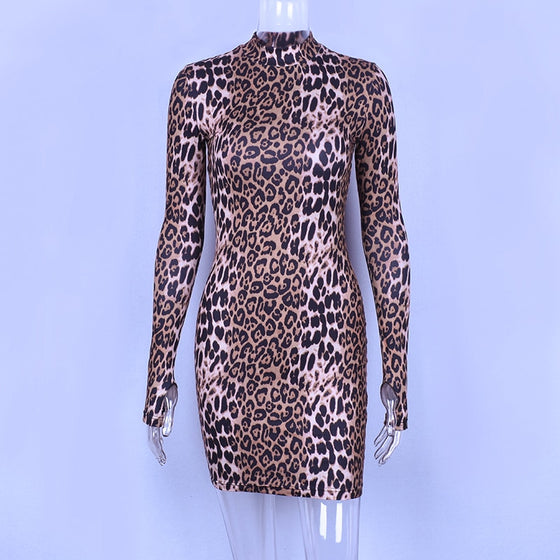 Land of Nostalgia Long Sleeve Leopard Print Women's Mini Dress
