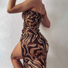 Land of Nostalgia Women's Tiger Print One-Shoulder Slit Maxi Summer Dress