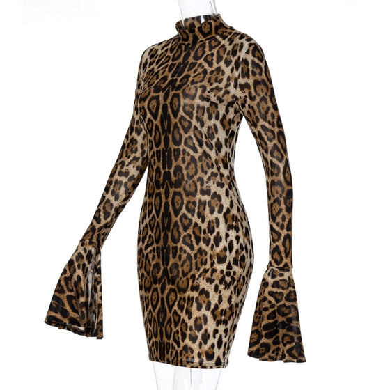 Land of Nostalgia Long Flare Sleeve Leopard Print Women's Mini Dress
