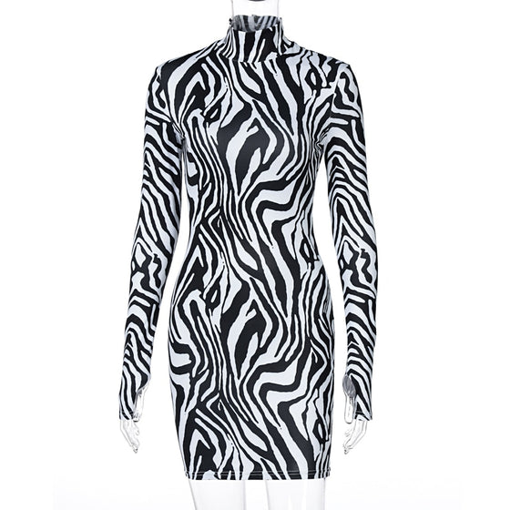 Land of Nostalgia Long Sleeve Skinny Backless Zebra Print Women's Mini Dress