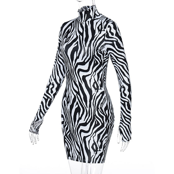 Land of Nostalgia Long Sleeve Skinny Backless Zebra Print Women's Mini Dress