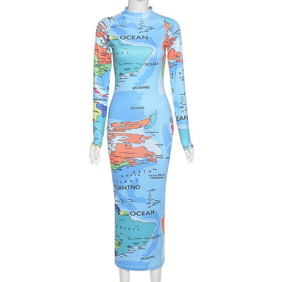 Land of Nostalgia Long Sleeve Turtleneck Map Print Women's Maxi Dress