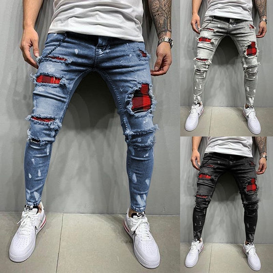 Land of Nostalgia Men's Skinny Ripped Beggar Patches Pencil Jeans Pants
