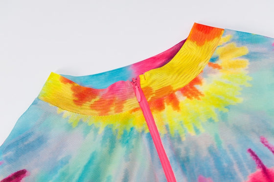 Land of Nostalgia Women's Long Sleeve Mesh See-Through Tie Dye Zipper Maxi Dress
