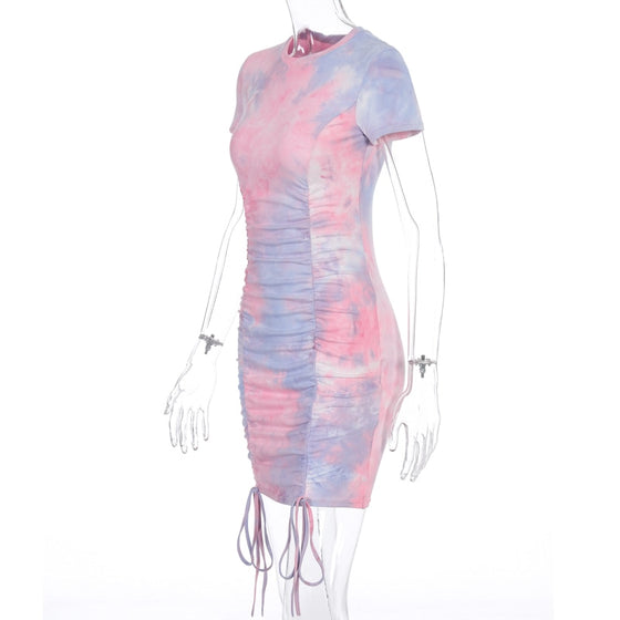 Land of Nostalgia Women's Fashion Short Sleeve Pleated Bandage Tie Dye Mini Dress