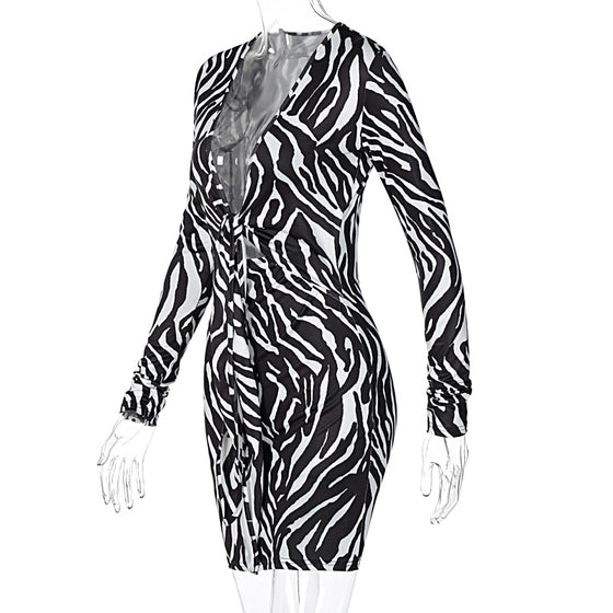 Land of Nostalgia Long Sleeve Zebra Print V-Neck Bandage Women's Mini Dress