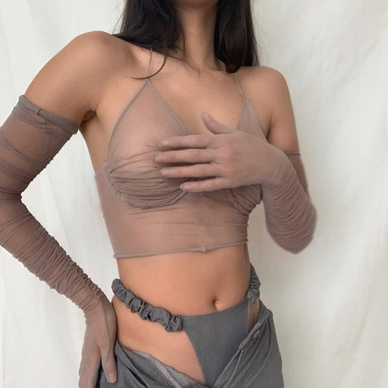 Land of Nostalgia Women's See-Through Sexy Mesh Crop Tops with Gloves