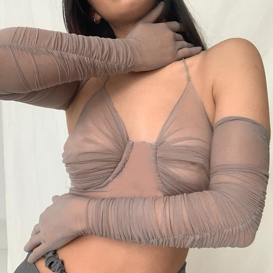 Land of Nostalgia Women's See-Through Sexy Mesh Crop Tops with Gloves