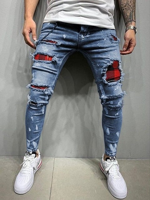 Farfi Multi Pockets Men Jeans Ripped Holes Denim Mid Waist Stretchy Tassel  Skinny Jeans Streetwear - Walmart.com