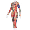 Land of Nostalgia Colorful Print  Long Sleeve Women's V-neck Midi Dress