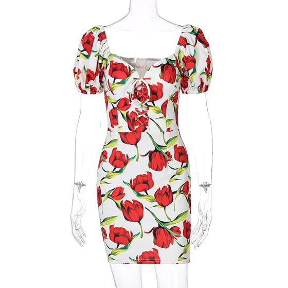 Land of Nostalgia  Off-Shoulder Short Sleeve Bandage Women's Floral Print Dress