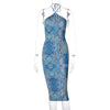 Land of Nostalgia Women's Sleeveless Halter Bandage Blue Paisley Print Summer Dress