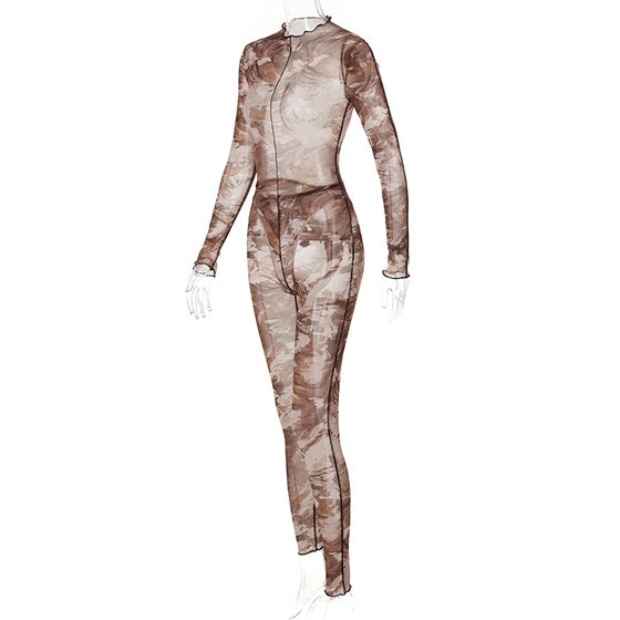 Land of Nostalgia Long Sleeve Print See-Through Women's Ruched Bodysuit Pencil Pants (2 Pieces Set)