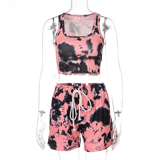 Land of Nostalgia Tie Dye Sleeveless Women's Camouflage Top with Shorts Set