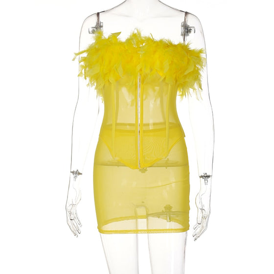 Land of Nostalgia Slash Neck Women's Spaghetti Straps Mini Dress with Feather