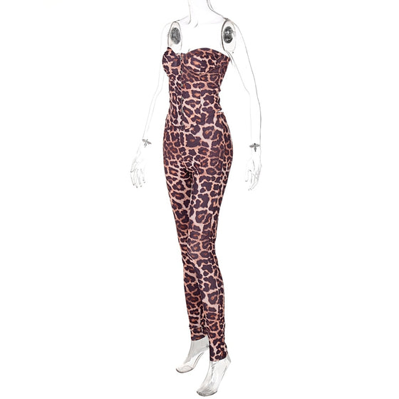 Land of Nostalgia Women's Leopard Print Backless Bodycon Top Pants Set