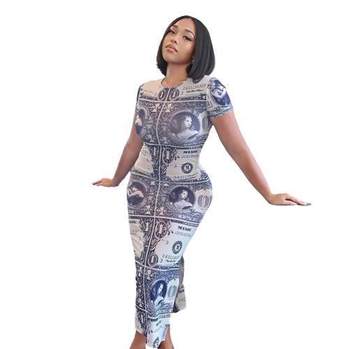 Land of Nostalgia Women's Money Print Short Sleeve O-Neck Maxi Dress