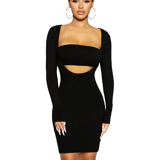Land of Nostalgia Women's Long Sleeve Slash Neck Hollow Out Dress with Tube Top