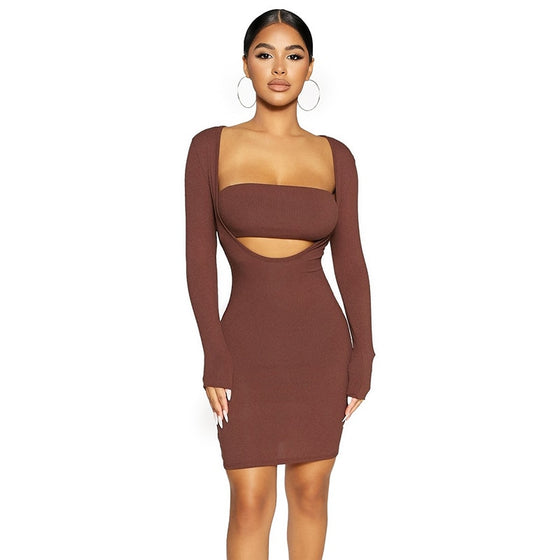Land of Nostalgia Women's Long Sleeve Slash Neck Hollow Out Dress with Tube Top