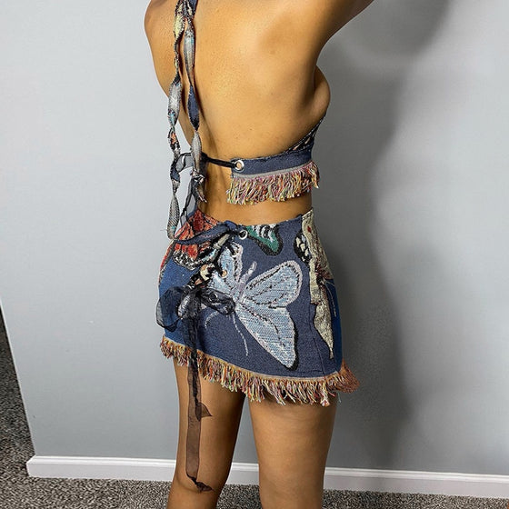 Land of Nostalgia Women's Bodycon Tassel Crop Top with High Waist MIni Skirt