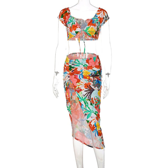 Land of Nostalgia Women's Flower Print Crop Top High Waist Maxi Ruched Dress
