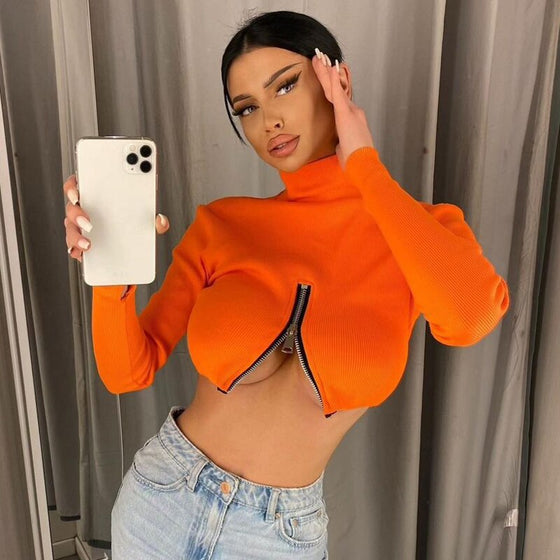 Land of Nostalgia Women’s Neon Orange Zip-Up Crop Top (Ready to Ship)