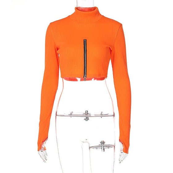 Land of Nostalgia Women’s Neon Orange Zip-Up Crop Top (Ready to Ship)